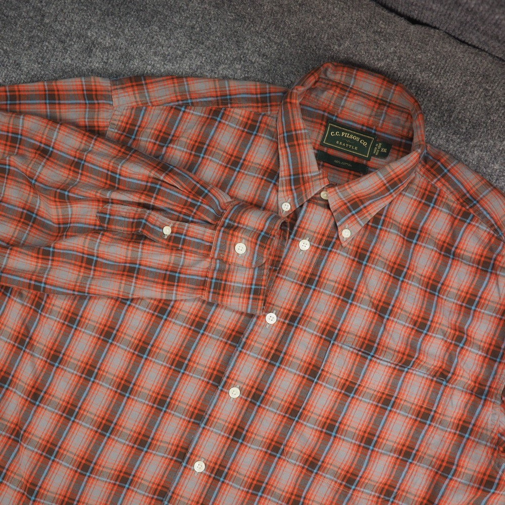 Filson Shirt Mens 2XL Button Down Orange Plaid Long Sleeve 100% Cotton Heritage